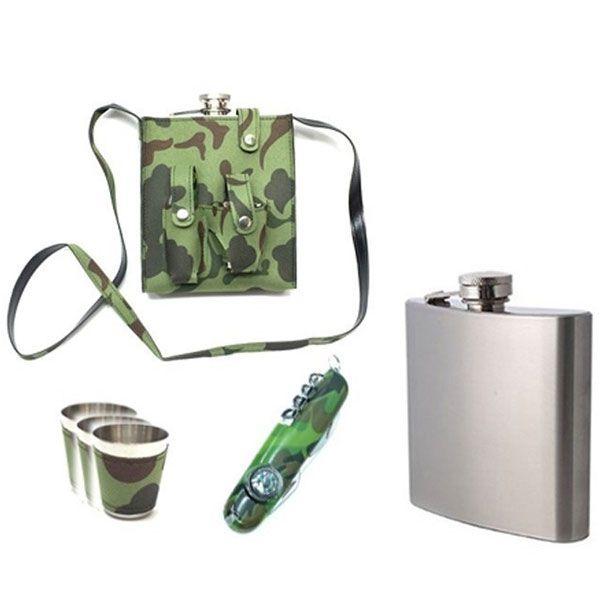 Imagem de Cantil Porta Bebidas Camuflado c/ Canivete, 3 Mini Copos e Mini Funil  - 510ML (18oz)