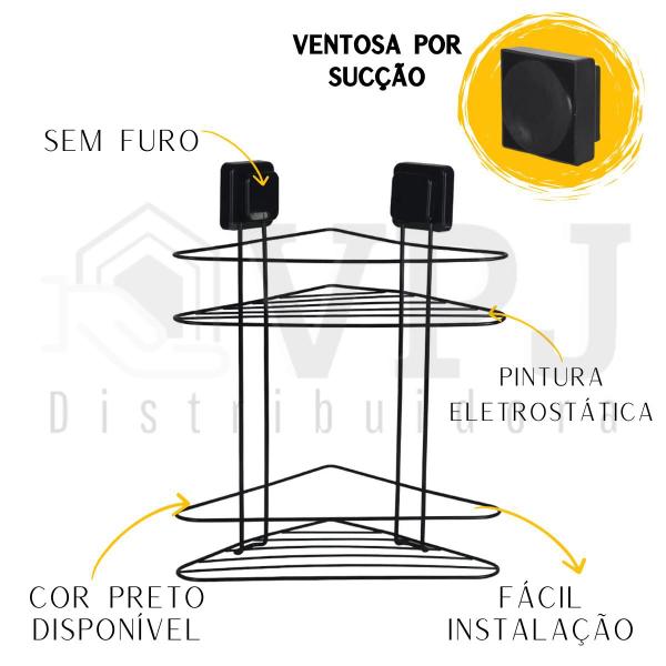 Imagem de Cantoneira Dupla Porta Shampoo Suporte com Ventosa Preto Banheiro Lavabo