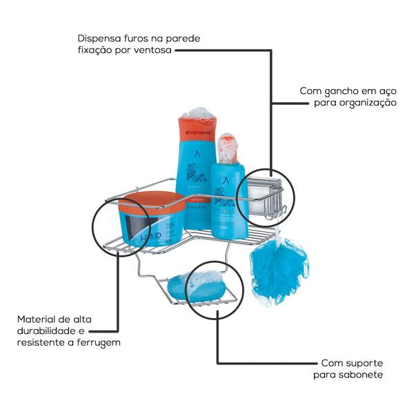 Imagem de Cantoneira porta shampoo com saboneteira e ventosa  arthi 1302
