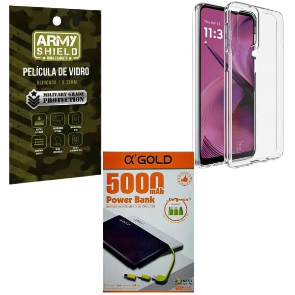 Imagem de Capa Capinha Transparente Para Moto G35 + Power Bank 5000 + Pelicula de Vidro 3D Armyshield