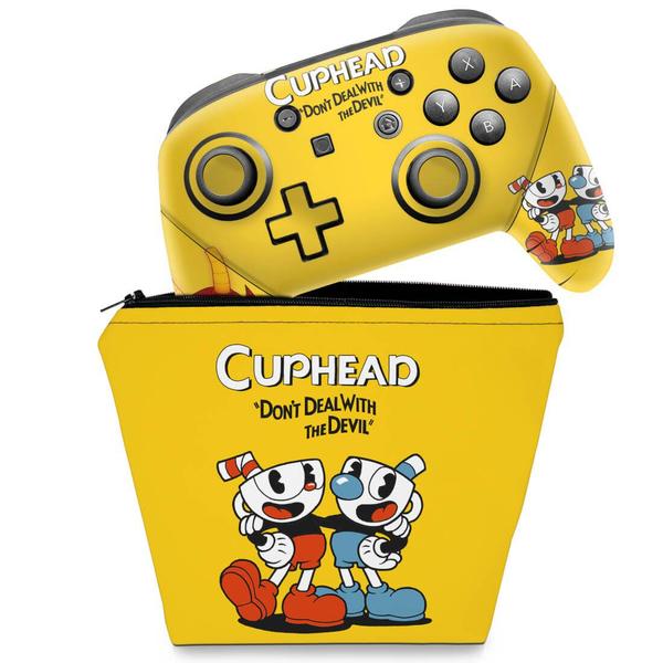 Imagem de Capa Case e Skin Adesivo Compatível Nintendo Switch Pro Controle - Cuphead