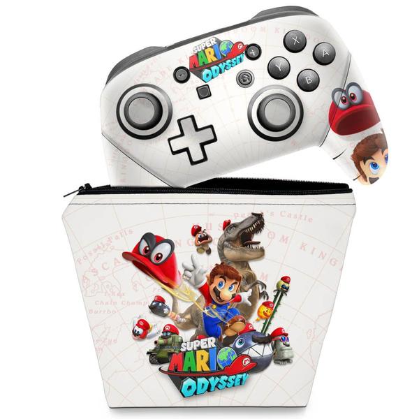 Imagem de Capa Case e Skin Adesivo Compatível Nintendo Switch Pro Controle - Super Mario Odyssey