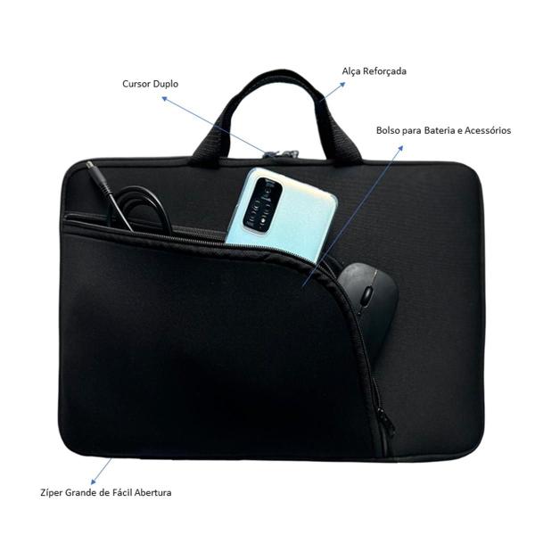 Imagem de Capa Case Pasta para Notebook com Bolso Resistente Prática Protetora Durável Transporte Slim - Preto 14  polegadas