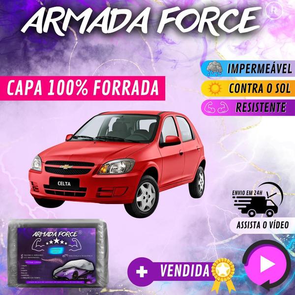 Imagem de Capa Cobrir Carro CELTA 100% Forrada Armada Force 100% Impermeável Forro Total Protege Sol Chuva Poeira Lona Proteção Automotiva Hatch e Sedan