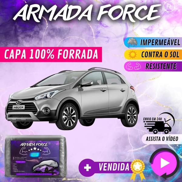 Imagem de Capa Cobrir Carro HB20X 100% Forrada Armada Force 100% Impermeável Forro Total Protege Sol Chuva Poeira Lona Proteção Automotiva Hatch e Sedan