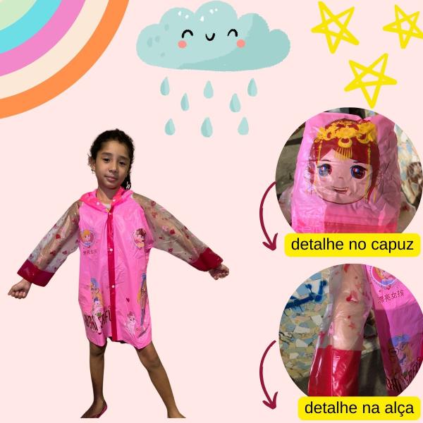 Imagem de Capa de chuva infantil para menina menino com capuz e bolsos pvc reforçada desenhada dinossauro princesa escolha a sua