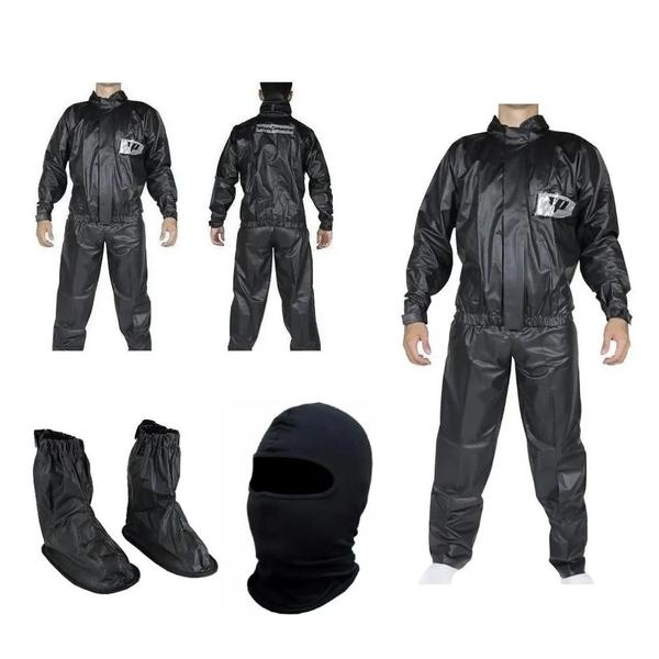 Imagem de Capa De Chuva Jaqueta Calça Pantaneiro Pvc Com Polaina Piracapas Capuz Balaclava Motoqueiro Motoboy Delivery