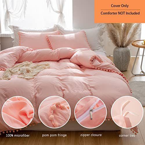 Imagem de Capa de edredom Queen Size,100% Lavada Microfibra 3pcs Conjunto de cobertura de edredom de cama, Pom Poms Fringe Cor Sólida Macia e Respirável com Fechamento de Zíper & Laços de Canto - Rosa