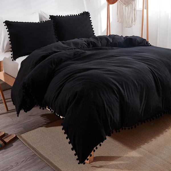 Imagem de Capa de edredon Andency Pom Pom Fringe Queen Size preta 3 peças