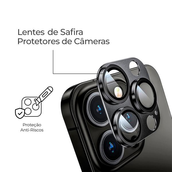 Imagem de Capa de Luxo Vidro Temperado Compatível com iPhone 15 Pro Max com Proteção de Câmeras Lentes Safira