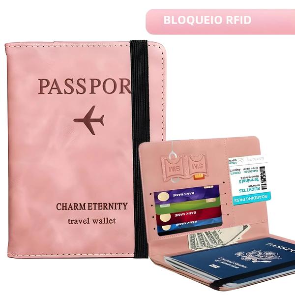 Capa de Passaporte de Couro PU RFID - Unissex, com Porta-Cartões e Proteção Anti-Furto Imagem de Capa de Passaporte de Couro PU RFID - Unissex, com Porta-Cartões e Proteção Anti-Furto