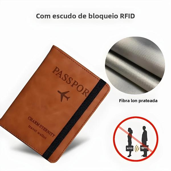 Capa de Passaporte de Couro PU RFID - Unissex, com Porta-Cartões e Proteção Anti-Furto Imagem de Capa de Passaporte de Couro PU RFID - Unissex, com Porta-Cartões e Proteção Anti-Furto