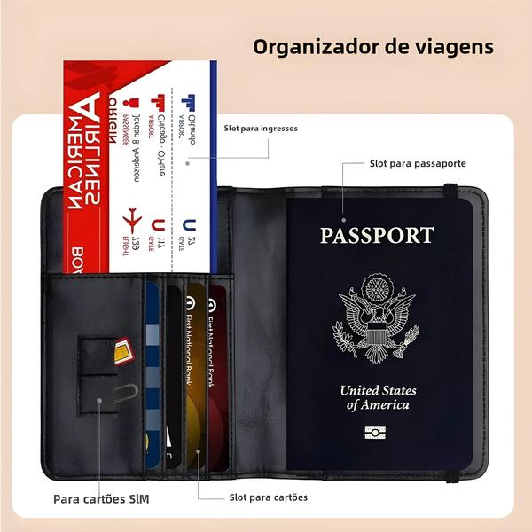 Capa de Passaporte de Couro PU RFID - Unissex, com Porta-Cartões e Proteção Anti-Furto Imagem de Capa de Passaporte de Couro PU RFID - Unissex, com Porta-Cartões e Proteção Anti-Furto