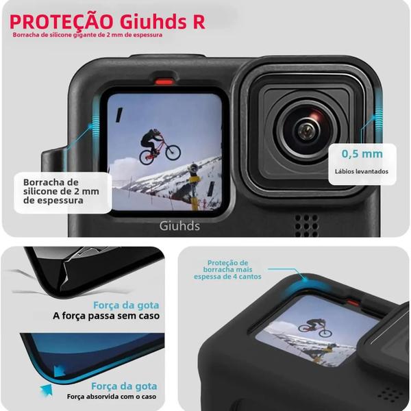 Imagem de Capa de Silicone Preta para GoPro Hero 12/11/10/9 com Protetor de Tela de Vidro Temperado