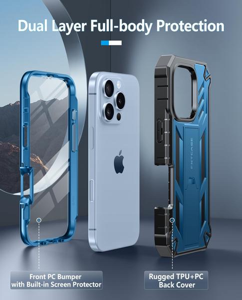 Imagem de Capa de telefone FNTCASE para iPhone 16 Pro de 6,3" com suporte azul