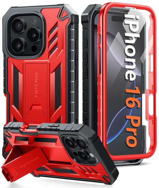 Imagem de Capa de telefone FNTCASE para iPhone 16 Pro de 6,3" com suporte vermelho