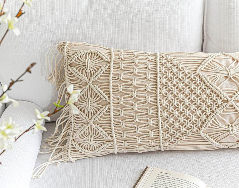 Imagem de Capa de travesseiro BlissBlush Macrame Lumbar Cream Bege 14x36cm