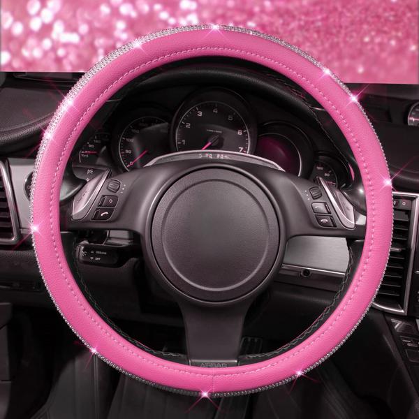 Imagem de Capa de volante CAR PASS em couro rosa diamante com strass