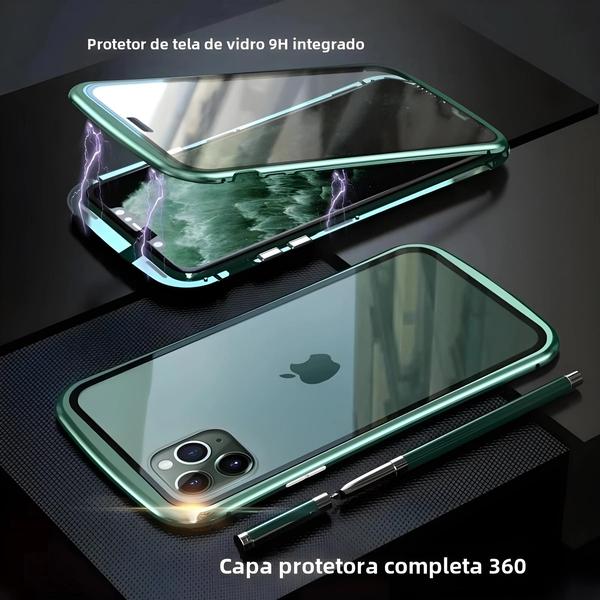 Imagem de Capa Magnética de Metal 360° para iPhone 15/14/13/12/11 - Proteção de Vidro