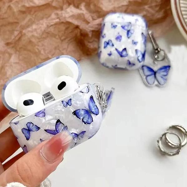 Imagem de Capa para Airpods 1/2/3 com Pingente de Borboleta Azul e Chaveiro