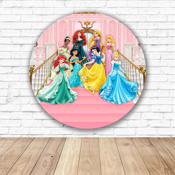 Imagem de Capa para Painel Redondo Princesas Disney Tecido Sublimado Veste Fácil 1,50mx1,50m Festa Aniversário