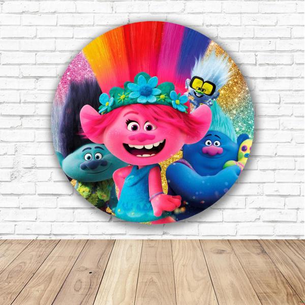 Imagem de Capa para Painel Redondo Trolls Tecido Sublimado Veste Fácil 1,50mx1,50m Festa Aniversário