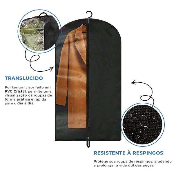 Imagem de Capa Porta C/ Visor Terno Roupas Transportar Guardar Viagem Saco Protetor Anti Mofo Com Ziper TNT Preto