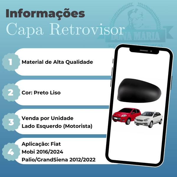 Imagem de Capa retrovisor esquerdo mobi 2016/24 palio/grandsiena 2012/22 preto