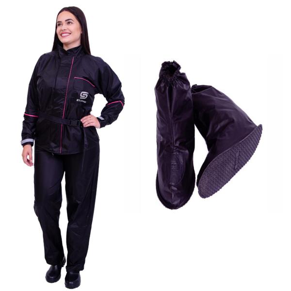 Imagem de Capa Roupa Conjunto Chuva Motoqueira Impermeável Nylon Feminina + Polaina Bota Pvc