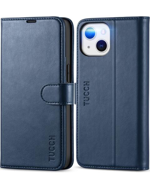 Imagem de Capa tipo carteira TUCCH para iPhone 13 de 6,1 polegadas com bloqueio de RFID azul escuro