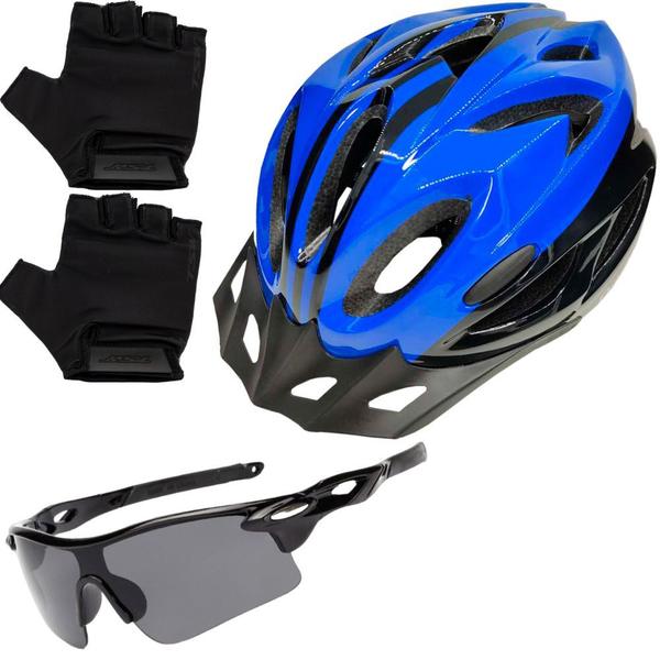 Imagem de Capacete Bike Ciclismo Mtb Com Sinalizador De Led + Óculos Esporte + Par De Luvas