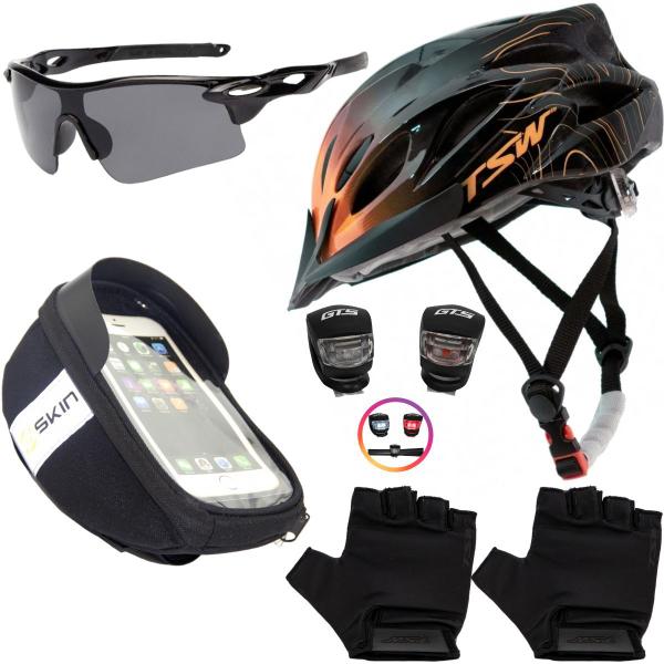 Imagem de Capacete Bike Ciclismo + Porta Celular + Pisca + Óculos + Luvas