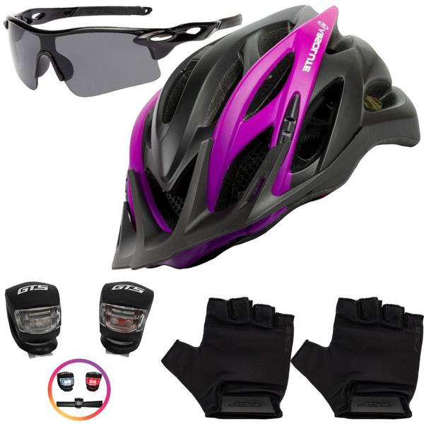 Imagem de Capacete Ciclismo Bike Mtb + Pisca + Óculos + Par De Luvas