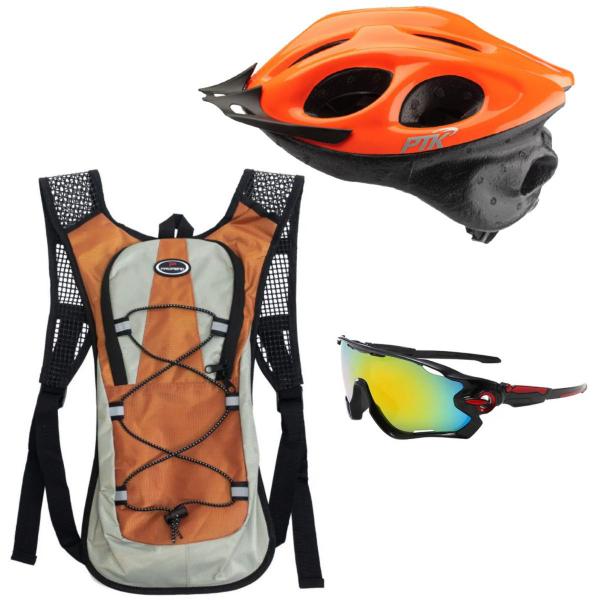 Capacete Ciclismo Flash Óculos Bike Mochila Hidratação Laranja - PTK Imagem de Capacete Ciclismo Flash Óculos Bike Mochila Hidratação Laranja