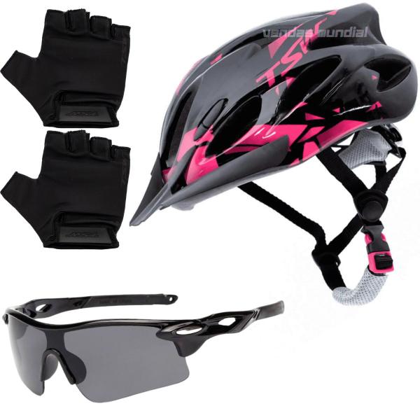 Imagem de Capacete Ciclismo Tsw Bike Mtb Com Sinalizador De Led + Óculos Esporte + Par De Luvas