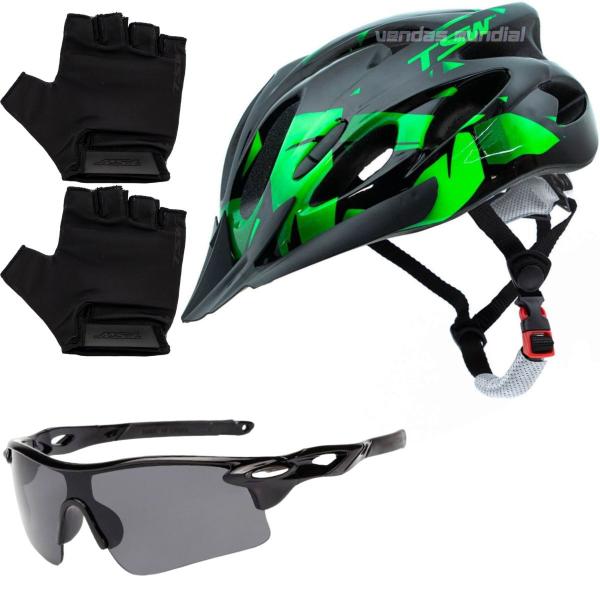 Imagem de Capacete Ciclismo Tsw Bike Mtb Com Sinalizador De Led + Óculos Esporte + Par De Luvas