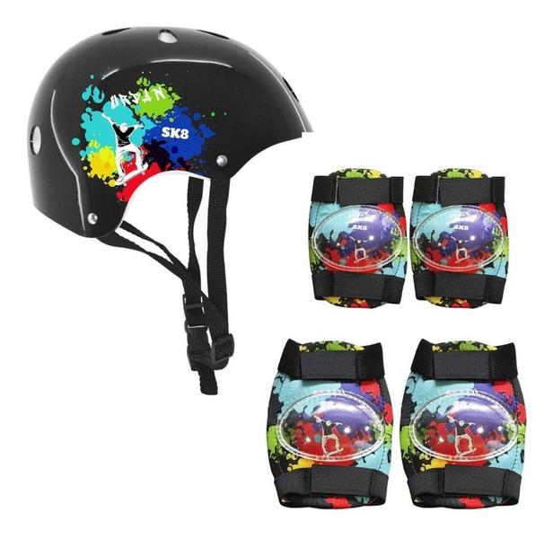 Imagem de Capacete Cotoveleiras Joelheira Estampado Bike SK8 Completo - DM Toys