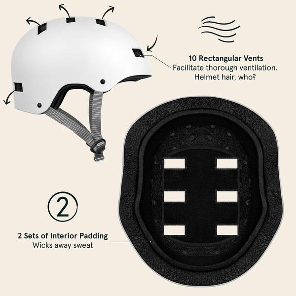 Capacete de bicicleta/skate Retrospec Dakota para adultos Viajante, bicicleta, skate, scooter, longboard e patinação inclinada Altamente protetor e com ventilação premium Médio Branco fosco Imagem de Capacete de bicicleta/skate Retrospec Dakota para adultos Viajante, bicicleta, skate, scooter, longboard e patinação inclinada Altamente protetor e com ventilação premium Médio Branco fosco