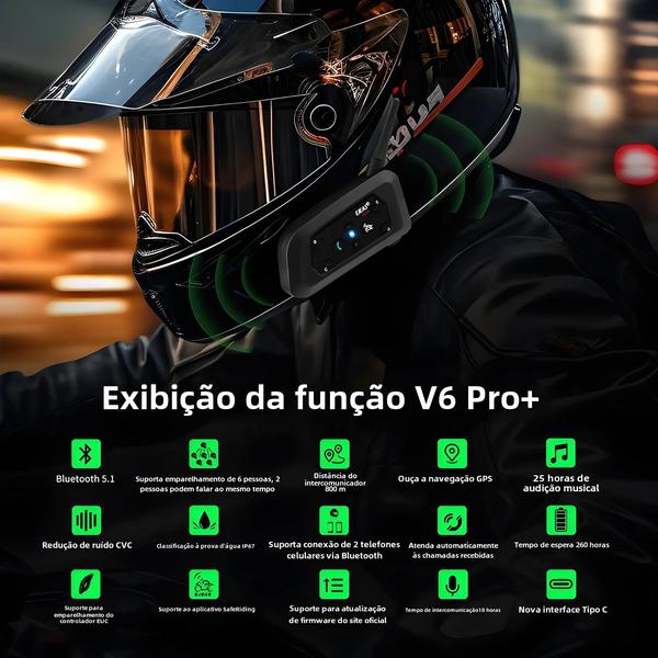 Imagem de Capacete de Motocicleta Bluetooth Ejeas V6 Pro Plus - À Prova d'Água IP67 - 800m de Alcance para 6 Motociclistas