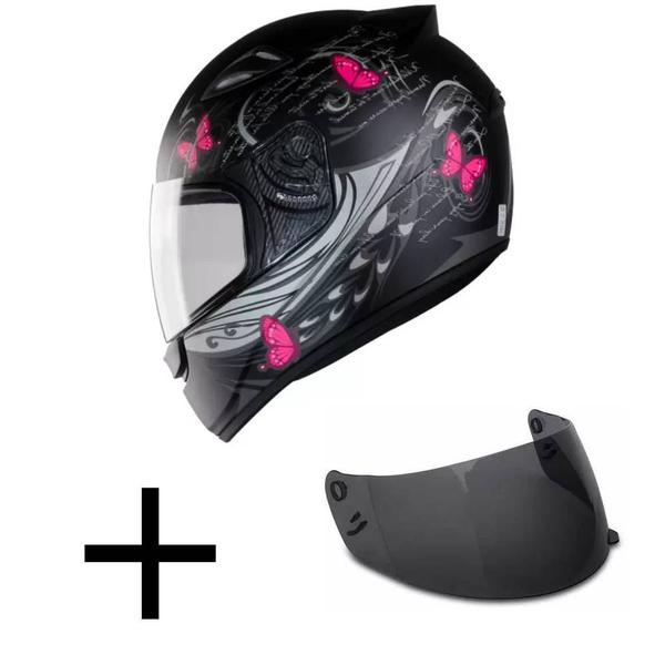 Imagem de Capacete Ebf New Spark Borboleta Preto e Rosa Fosco Mais Viseira Fumê