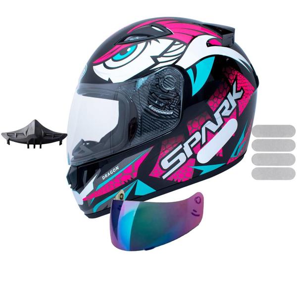 Imagem de Capacete Ebf Spark Dragon Preto Rosa Com Narigueira Mais Viseira Camaleão e Adesivo Branco