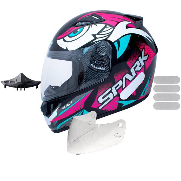 Imagem de Capacete Ebf Spark Dragon Preto Rosa Com Narigueira Mais Viseira Cristal e Adesivo Branco