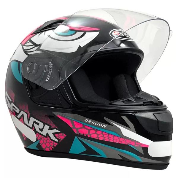 Imagem de Capacete Ebf Spark Dragon Preto Rosa Com Narigueira Mais Viseira Fumê e Adesivo Preto