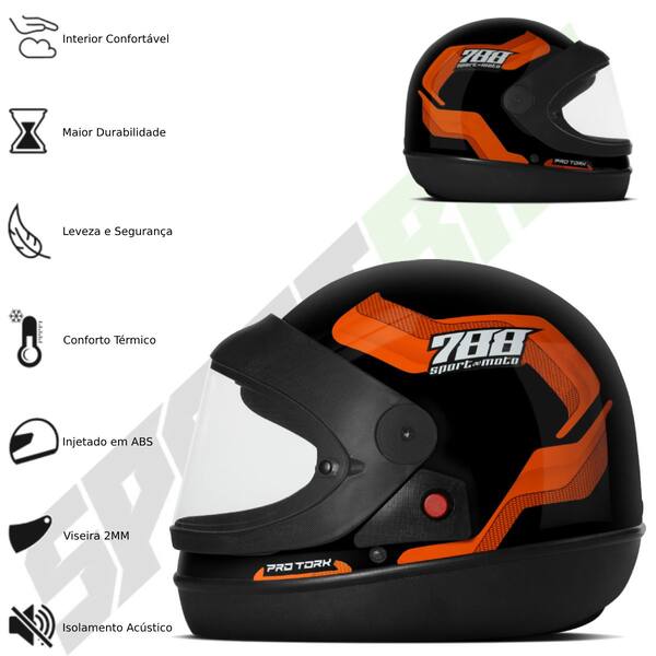 Capacete Fechado Pro Tork Sport Moto 788 Laranja Tam.58 - Capacete