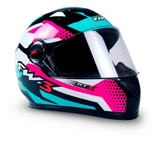 Imagem de Capacete FW3 Com Narigueira GT Super Fechado Tamanho 56  Azul Tiffany Com Rosa e Branco Forro Removível