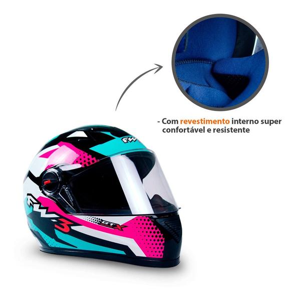 Imagem de Capacete FW3 Com Narigueira GT Super Fechado Tamanho 56  Azul Tiffany Com Rosa e Branco Forro Removível