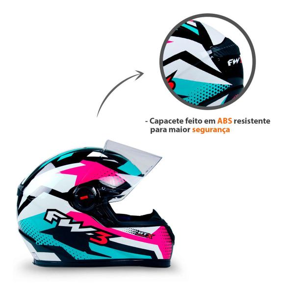 Imagem de Capacete FW3 Com Narigueira  GTX Super Fechado Tamanho 58  Azul Tiffany Com Rosa e Branco Forro Removível