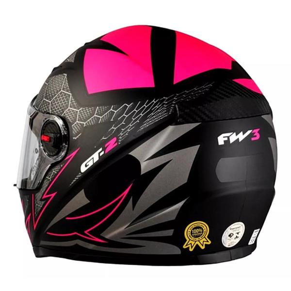 Imagem de Capacete Fw3 Fechado Gt2 Preto Fosco Rosa Mais Viseira Cristal 2.2mm