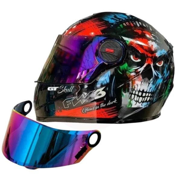 Imagem de Capacete Fw3 Gt Skull Caveir Preto Brilha +Viseira Camaleão