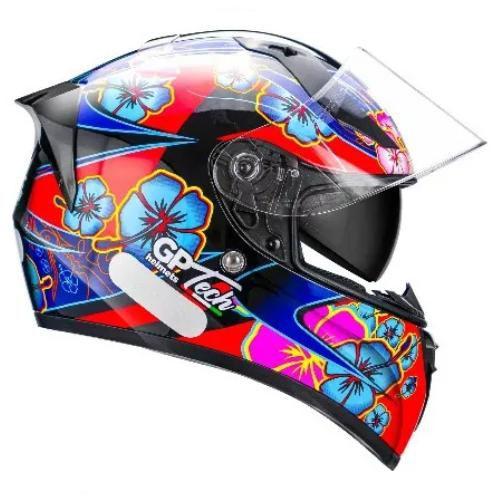 Imagem de Capacete Gp Tech V128 Com Viseira Solar  Flower Preto Azul 56 Brilho